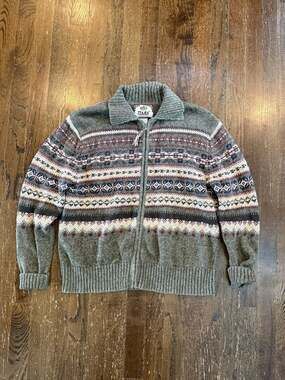 Vintage Tiara International Fair Isle Full Zip Sweater Olive Green Size Large